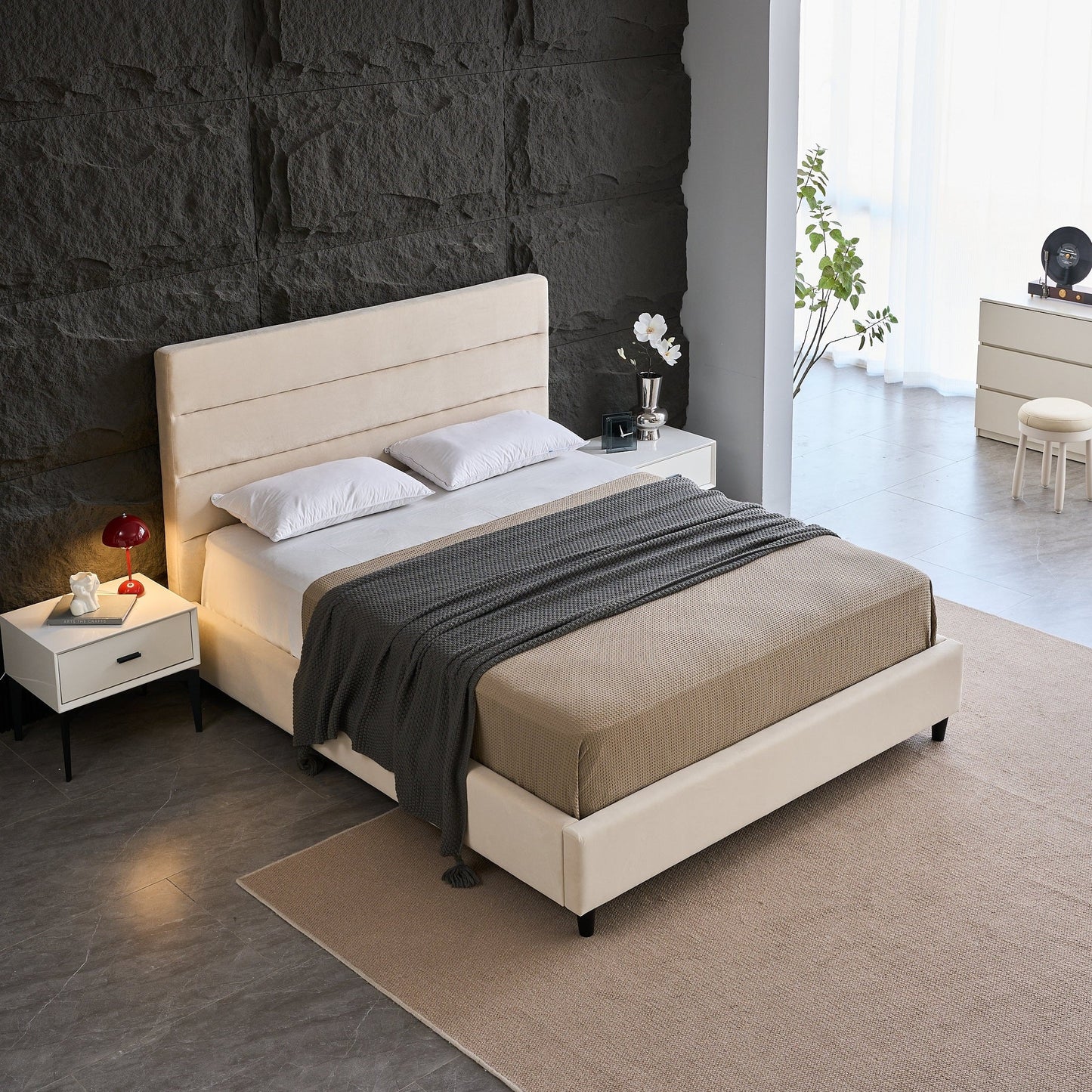 Velvet Headboard Bed Frame Sleek Design, Sturdy Build, No Box Spring Needed