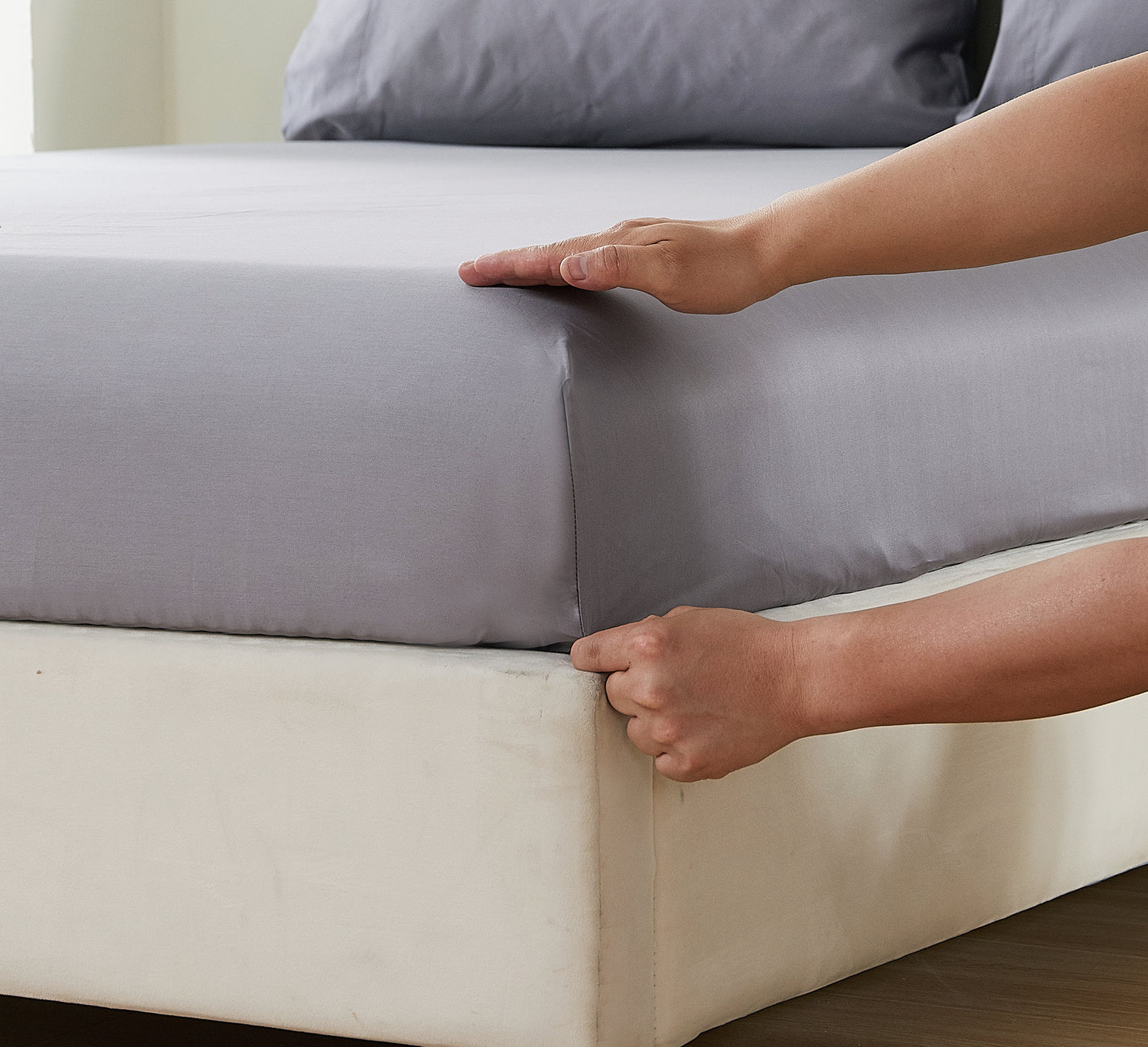 Panax 100% Cotton 80x80s/400TC Luxury Bed Sheet Set with Flat Sheet, Fitted Sheet & Pillowcases (Light Grey)