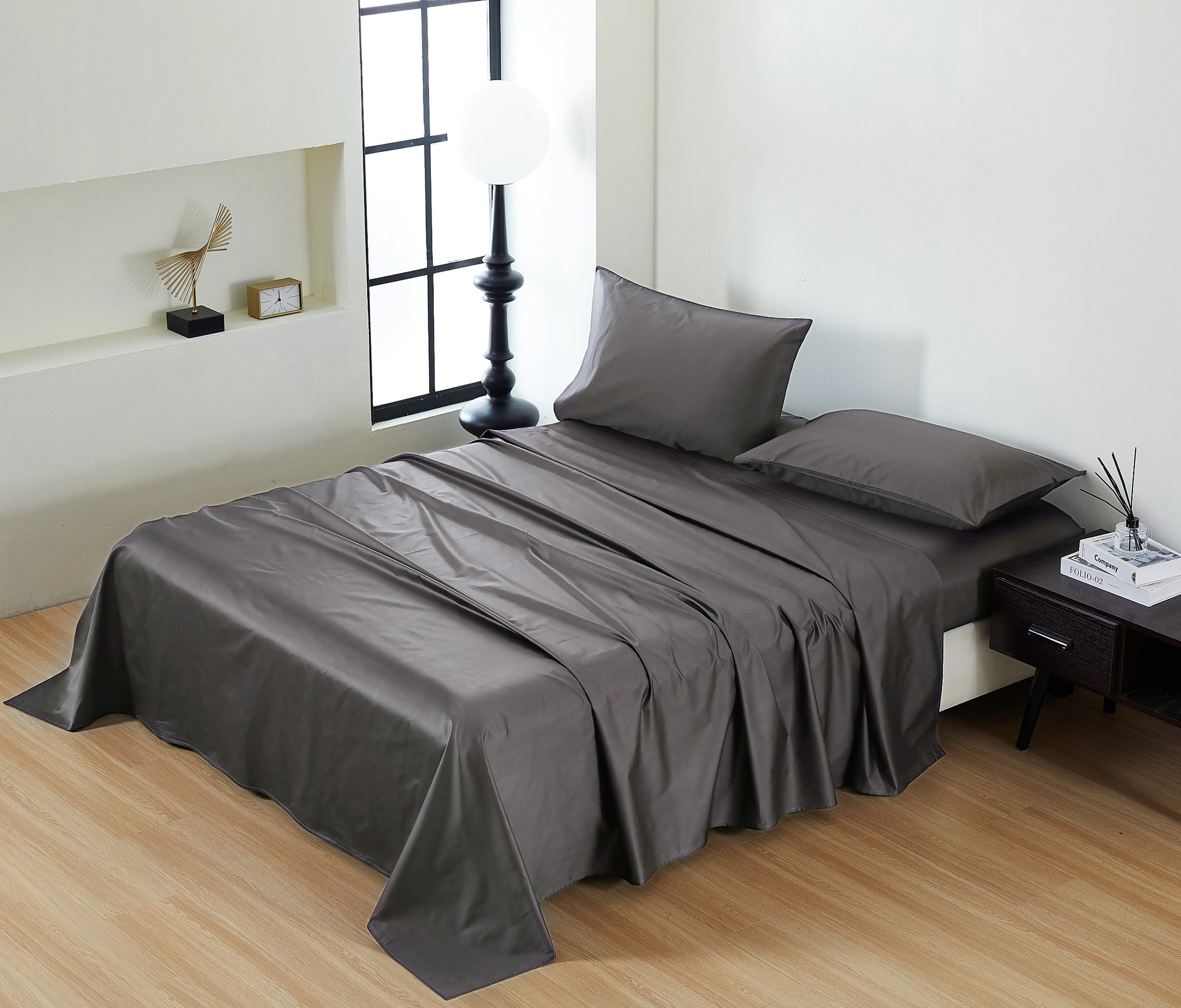 Panax 100% Cotton 80x80s/400TC Luxury Bed Sheet Set with Flat Sheet, Fitted Sheet & Pillowcases (Dark Grey)