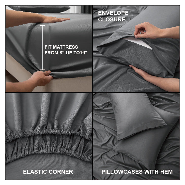 Panax Bedding Multi Size Bed Sheets Set - Brushed Microfiber - Shrinkage and Fade Resistant - Easy Care (Dark Grey)