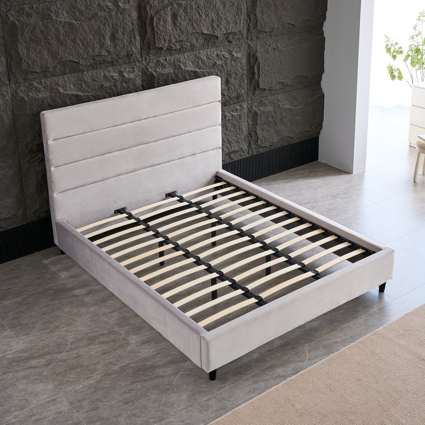 Velvet Headboard Bed Frame Sleek Design, Sturdy Build, No Box Spring Needed