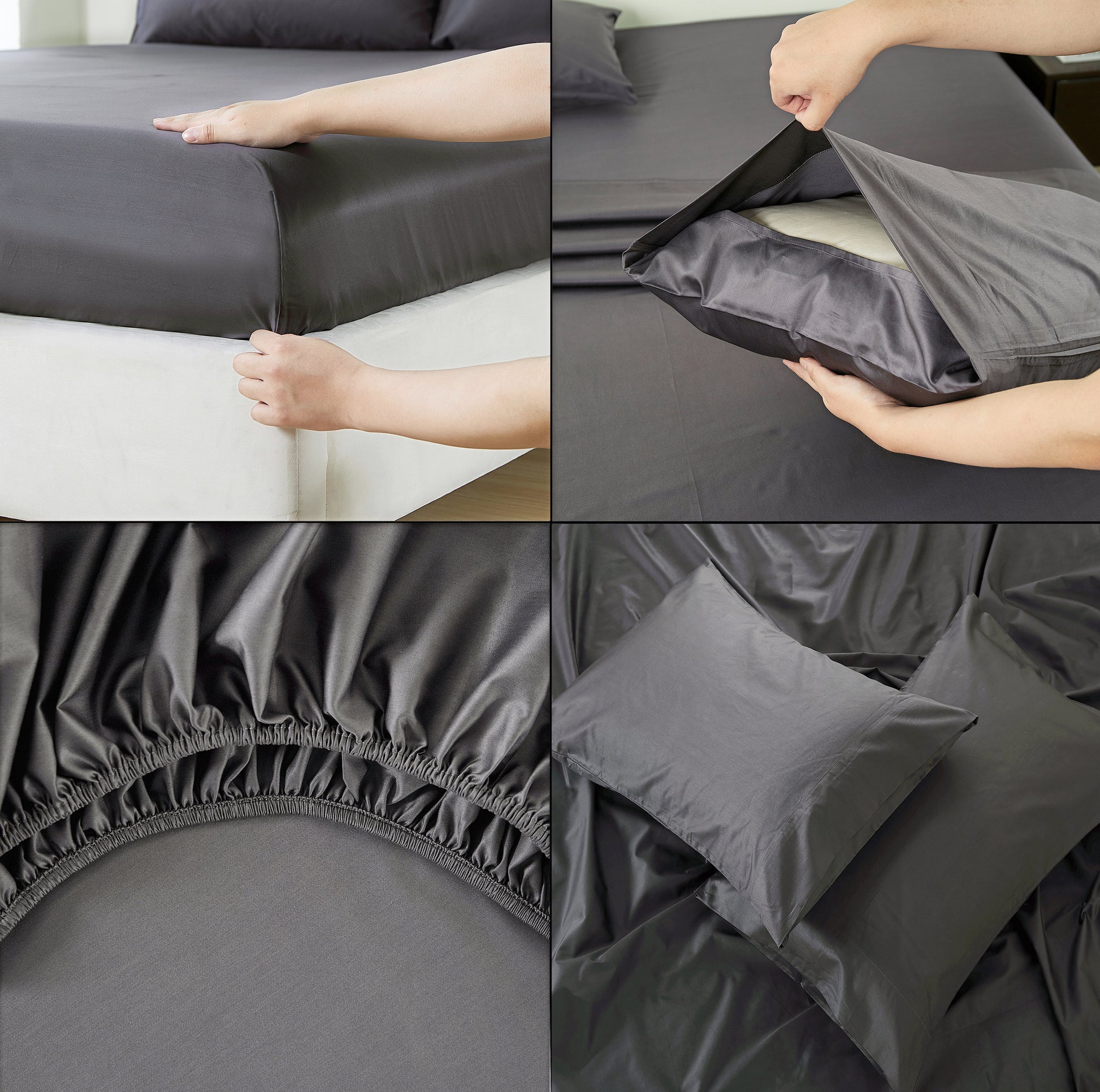 Panax 100% Cotton 80x80s/400TC Luxury Bed Sheet Set with Flat Sheet, Fitted Sheet & Pillowcases (Dark Grey)
