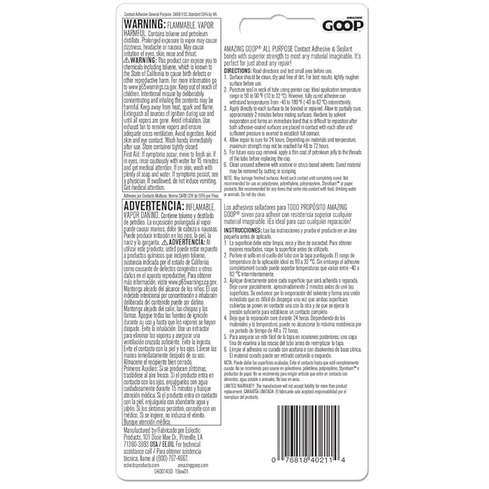 Panax Amazing GOOP All Purpose Contact Adhesive, Single Pack, Transparent 3.7oz (109.4mL)