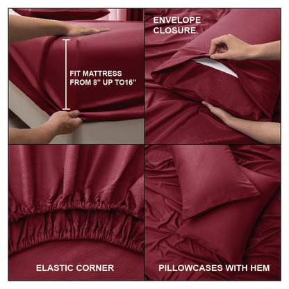 Panax Bedding Multi Size Bed Sheets Set - Brushed Microfiber - Shrinkage and Fade Resistant - Easy Care (Burgandy)